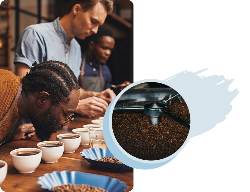 Three men evaluate coffee. One man smells a cup, another looks at samples. Inset shows coffee beans.