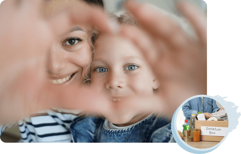A woman and child with light skin tones form a heart shape with their hands, looking through at the camera.