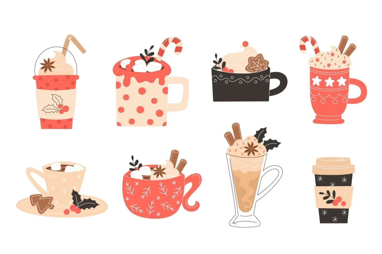 An arrangement of eight cartoonish latte drinks with whipped cream, candy canes, and holly.
