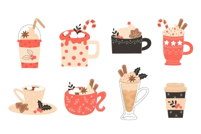 An arrangement of eight cartoonish latte drinks with whipped cream, candy canes, and holly.