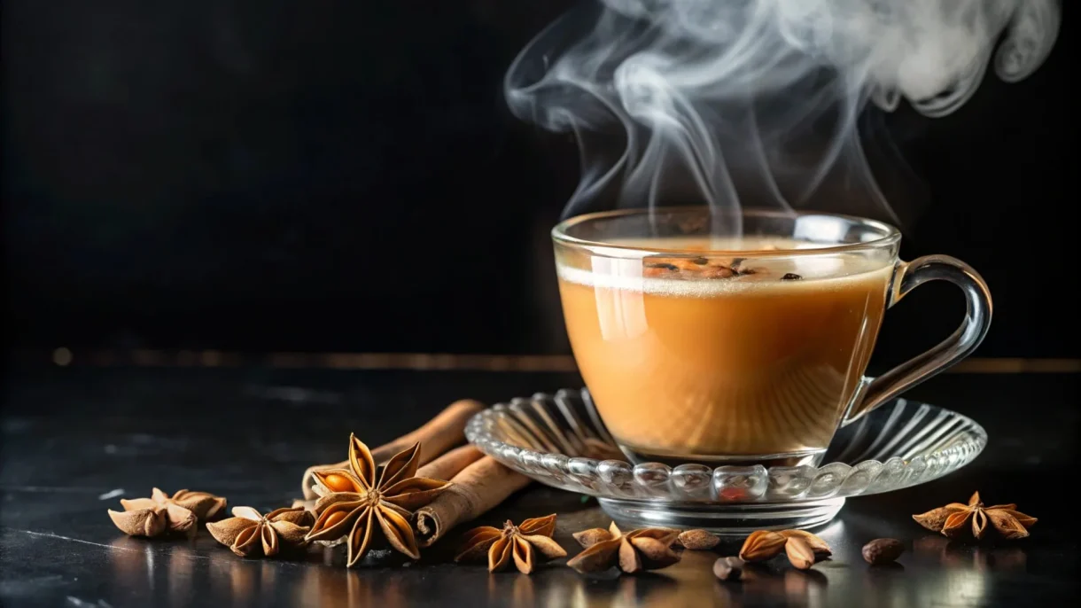A steaming glass cup of layered coffee on a saucer, surrounded by star anise, cinnamon sticks, and coffee beans on dark wood.