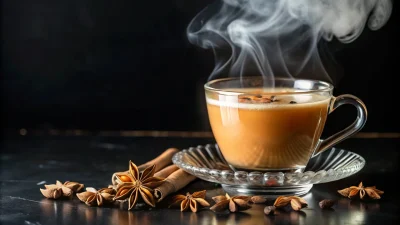 A steaming glass cup of layered coffee on a saucer, surrounded by star anise, cinnamon sticks, and coffee beans on dark wood.