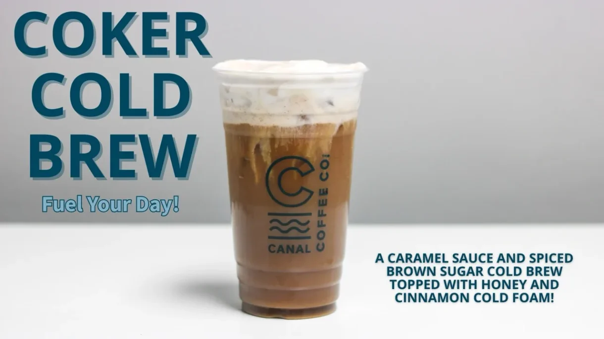 Canal Coffee Coker Cold Brew with caramel sauce, spiced brown sugar cold brew, honey, and cinnamon cold foam.
