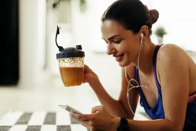 Woman in workout clothes holding a protein coffee shake and looking at her phone.