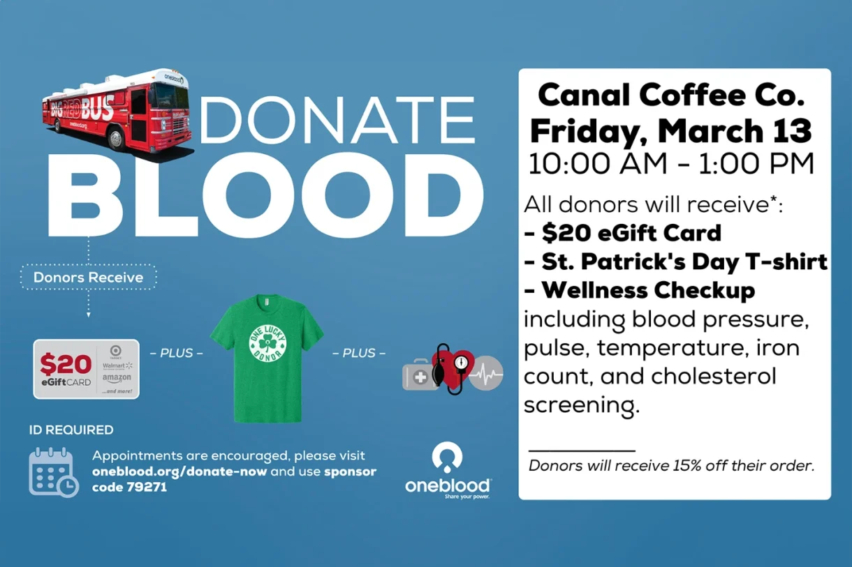 Blood donation event flyer for Canal Coffee Co. on Friday, March 13.