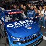 Canal Coffee Co. race truck with a group posing at a racing event.